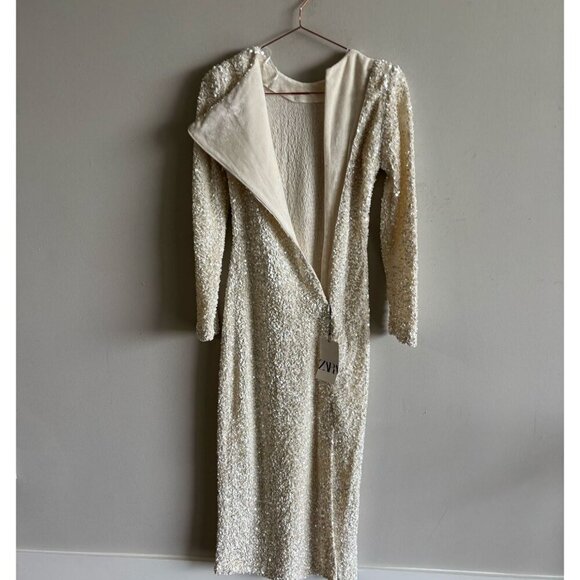 Zara Women Open Back Removable Long Sleeve Multiposition Sequin Dress Ivory Sz S - Picture 8 of 14